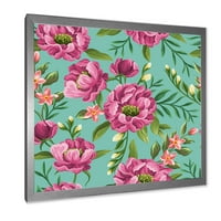 DesignArt 'fuchia ružičasti cvjetovi na zelenoj vintage' tradicionalni uokvireni umjetnički tisak