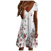Kuglsfhk ress za žene slatka cvjetna kratka rukava v vrat casual labave flare haljina plaža mini haljina majica
