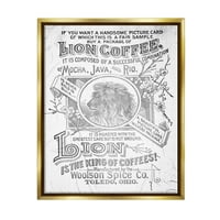 Stupell Industries Vintage Lion kava plakat Grafička umjetnost Metalno zlato plutajuće uokvireno platno Umjetnost