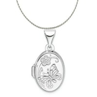 Karat od poliranog srebra presvučen rodijem, ovalni medaljon s cvjetnim leptirom i ogrlica od lanca od sterling