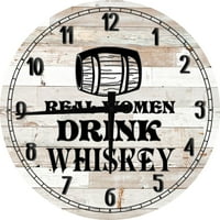 Veliki drveni zidni sat s okruglim uzorkom na zidu bara, prave žene piju viski iz bačve, okrugli mali bijeli sat