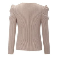 Ženski jesensko-zimski jednobojni pleteni džemper s izrezom u obliku slova U i dugim rukavima s mjehurićima džemperi