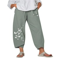 ; / Ženske Ležerne lanene hlače visokog struka s printom leptira široke duge široke hlače