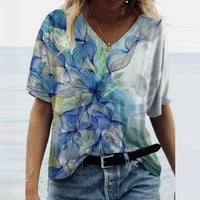 Ženske kratke rukave casual majice v vratni vrhovi majice labava udobna tunična bluza lagana slatka plava l