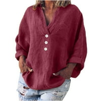 Majice u boji, jednobojne majice, široke košulje od pamuka i lana s dugim rukavima, Ženske majice u obliku kroja,