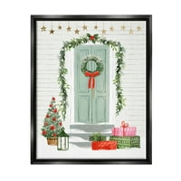 Božićni pokloni, vijenac na pragu, grafika, Crno-bijelo platno s plutajućim okvirom, zidni tisak, dizajn Victoria