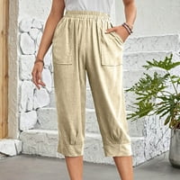 Ženske Capri hlače s elastičnim strukom od pamuka i lana, ravne hlače širokih nogavica, široke široke planinarske