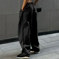 CETHRIO Žene pune duljine ležerne hlače Čvrsti zazor s džepovima izvlačenjem visokog struka Crne juniorske hlače