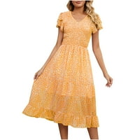 Ženska ljetna haljina ruffles Rashered Sweave v Neck Beach haljina Moda cvjetna tiskana maxi haljina