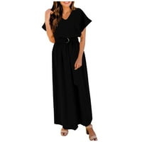Bazyrey maxi haljine za žene solidne haljine ženski V-izrez labave haljine kratkih rukava crne 2xl