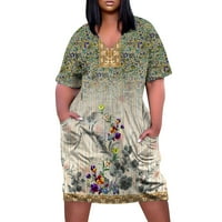 Ženska ljetna haljina veličine plus s izrezom u obliku inča, kratkim rukavima i džepom do koljena, retro cvjetna