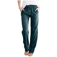 Ženske pamučne lanene hlače Elastično struk Ravne hlače za noge Potreba povremene udobne ležaljke s džepovima