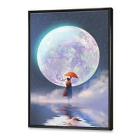 DesignArt 'Djevojka s kišobranom koja stoji na vodi protiv mjeseca' tradicionalno uokvireno platno zidne umjetničke