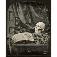 Suvremeni muzejski uokvireni umjetnički tisak pod nazivom mrtva priroda s lubanjom, otvorenom knjigom s naočalama
