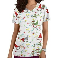 Božićne košulje za piling za žene s modnim printom, vrhovi pilinga s džepom, kratkim rukavima i izrezom u obliku