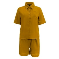 Cathalem Women ljetni temperament od solidne boje modna košulja kratkih rukava kratke hlače dvije set žute xxxl