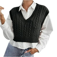 Preveliki džemperi za žene modni casual pleteni prsluk bez rukava modni prsluk od džempera od poliestera crni;