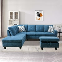 Sekcijska Sofa za dnevnu sobu s ležaljkom okrenutom ulijevo, otoman za odlaganje, flanel, plava
