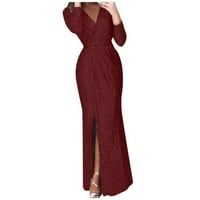 Haljine za žene Boemske duge duge rukave duboki V-izrez solidna zabava a-line haljina crvena xxl