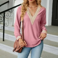 Caveitl majice Žene, ženska modna čvrsta čipkasta čipkasta dugih rukava labava majica Top Pink, XL
