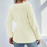 Synoidni ženski džemperi- ležerna modna soild pulover dugi rukav V-izrez džemper bijeli s