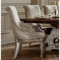 Benzara BM in. Fotelja od drvene tkanine s dubokim rezbarenim uzorkom na nogama i rubovima, istrošena bijela