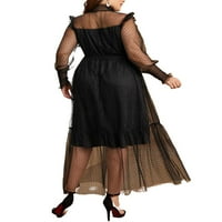 Elegantna polka dot ovratnika crna crna haljina dugih rukava plus veličine