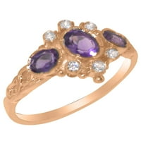 18K ženski zaručnički prsten od ružičastog zlata britanske proizvodnje s pravim ametistom i kubičnim cirkonijem