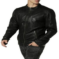 Muška ugrađena Crna kožna jakna s patentnim zatvaračem, Crna biciklistička jakna ručno izrađena od prave ovčje