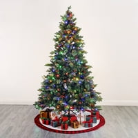 7. ; Unaprijed osvijetljeno, potpuno ukrašeno umjetno božićno drvce sa šišarkama, zeleno