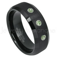 Polu -kupola crni prsten za volfram - 0,21CTW GREEN TOURMALINE 3 -kamence - Personalizirani vjenčani prsten za
