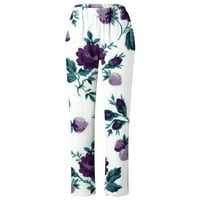 lanene hlače za žene s cvjetnim printom, rastezljive hlače visokog struka s džepovima, Ležerne široke hlače za