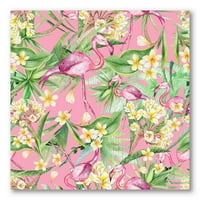Žuti cvjetovi, tropsko lišće s flamingo iii slikarskom platnu umjetnički tisak