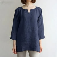 Pamučne lanene bluze dugih rukava s izrezom u obliku slova u, jednobojne široke ljetne proljetne majice za žene
