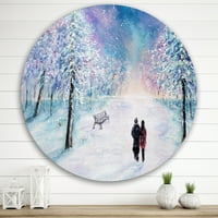 DesignArt 'par zaljubljenih šetnji tijekom snježnog zimskog vremena tradicionalna metalna zidna umjetnost kruga
