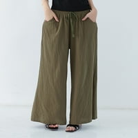 Ženske modne casual dnevne hlače s visokim strukom, široke ravne hlače, pamučne hlače od konoplje s vezicama,