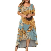 Ženska haljina veličine plus s kratkim rukavima s modnim printom, okruglim vratom, otvorenim ramenima i neravnim